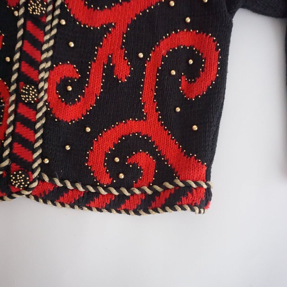 Vintage Gantos Black Knit Red Beaded Swirl Button Up Sweater M - Picture 6 of 13